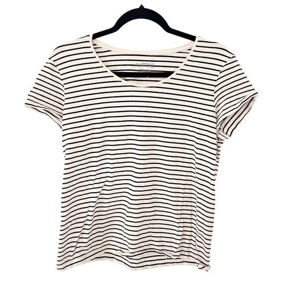 myStyle Cream Navy Stripe Shirt Sleeve Round Neck Stretch T-Shirt - Picture 1 of 6